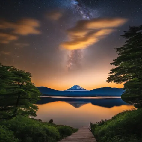 Master Parts、Superior Quality、superior image quality、The 8k quality、、Beautiful pictures of the starry sky、magnifica、Arched Milky Way:1.9、Mt fuji、lake、Valley