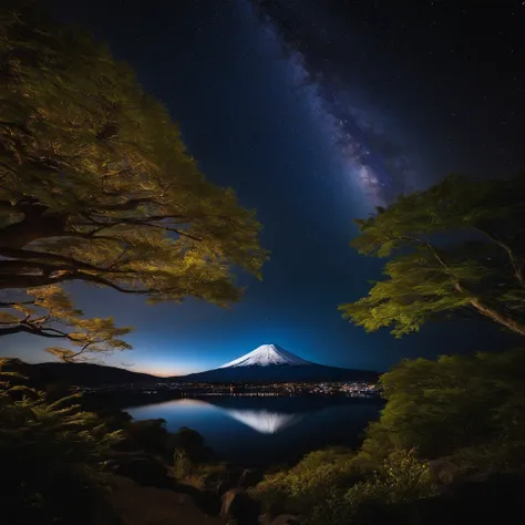 Master Parts、Superior Quality、superior image quality、The 8k quality、、Beautiful pictures of the starry sky、magnifica、Arched Milky Way:1.9、Mt fuji、lake、Valley