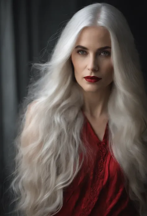 Portrait of a woman with long white hair, white background, wearing red