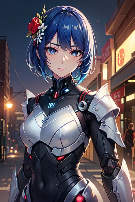 (masterpiece, best quaility:1.2), mature female, tsurime, kimono, (cyborg, upper body, armor, artificial eye, mechanical eye:1.2), cyberpunk, hair ornament, solo, 1girl, short hair, closed mouth, flower, looking at viewer, blue hair, smirk, hair flower