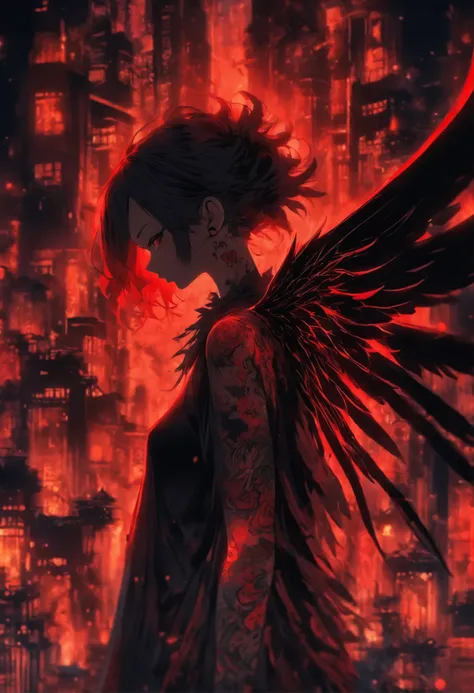 a girl with wings and a red tattoo, in the style of dark black and light black, anime art, 32k uhd, gothic grotesque figures, multilayered dimensions, heistcore, pigeoncore