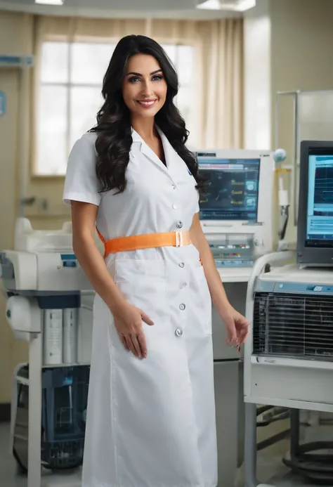 (masterpiece, best quality:1.4), photo, hd, 25 years old woman, black long hair, beautiful nurse in hospital, instruments, white sexy work clothes, hospital intensiv station in the background, watching viewer, smile, analog film