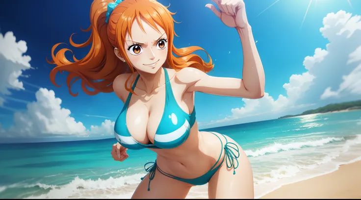 anime art style,nami from One Piece,brown eyes,orange long ponytail hair,blushing,playful expression,dynamic pose,wearing bikini, standing on the beach,sparkling blue seawater, vibrant colours.