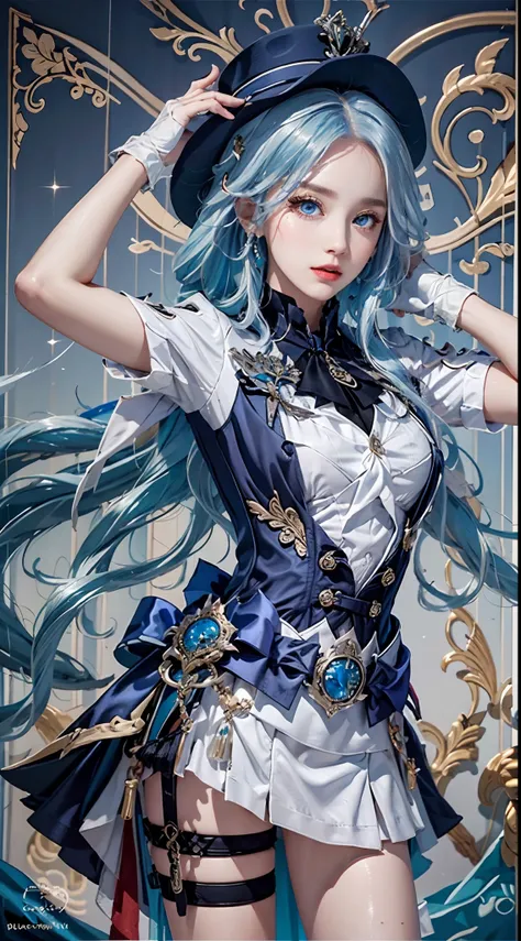 photography awards, masterpiece, blue hair, blue eyes, photorealistic, high resolution, soft light, brooch, waist bow, short shorts, blue suit, multicolored hair, white gloves, black gloves, white shirt, open clothes, water, underwater, ocean, single skirt...