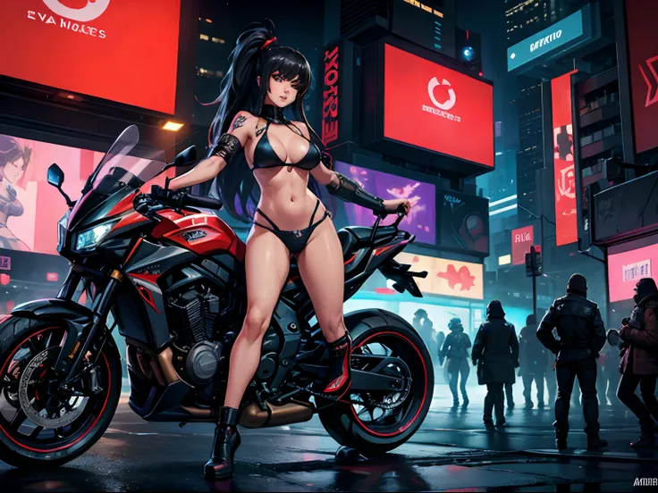 masterpiece, best quality, high quality, (City Night Bokeh:0.3), 1 girl, A cyberpunk world with motorcycles, a girl in a bikini, dynamic pose, and a large crowd,