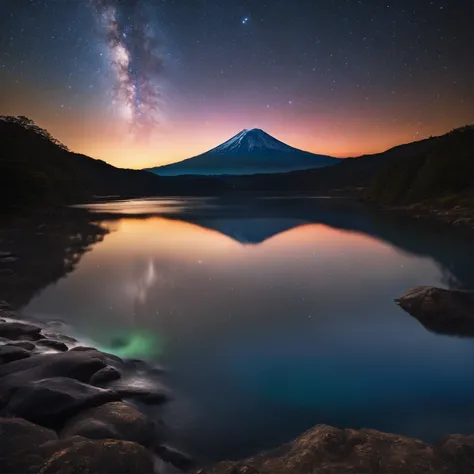 Master Parts、Superior Quality、superior image quality、The 8k quality、、Beautiful pictures of the starry sky、magnifica、Arched Milky Way:1.9、Mt fuji、lake、Valley