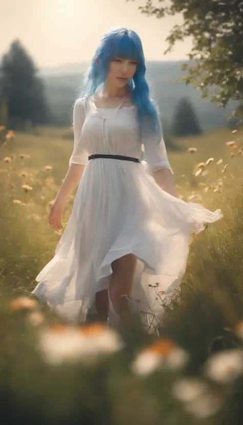 {{in a meadow}}, on a hill, 1girl, long hair, blue hair, drill hair, blunt bangs, hair ribbon, light smile, hair ear, tsurime, red eyes, eyeshadow, small breasts, whitedress, bare_shoulders, black pantyhose, boots, looking up, hand_to_mouth, day, sun,