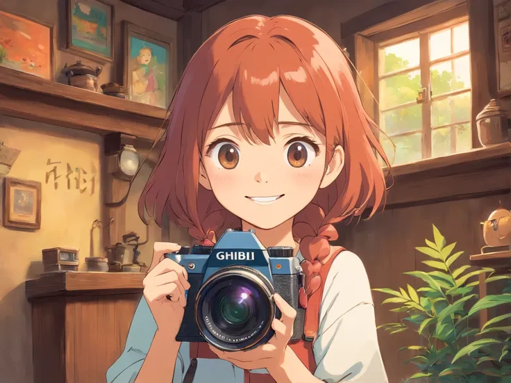 masutepiece, Best Quality, cute girl，Smiling student, SLR camera, bustup, camera