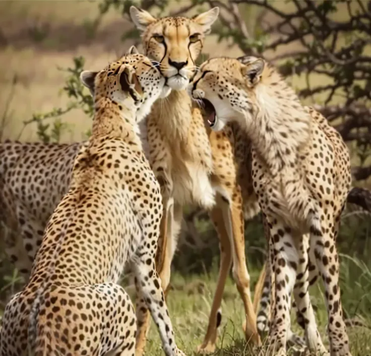 three cheetah and a gazelle are standing in the grass, posing for a fight, posing for a fight intricate, impressive winning photo, 📷 mungojerrie and rumpleteazer, close-up fight, posing for battle, animals mating, very clear picture, herds fighting, in afr...