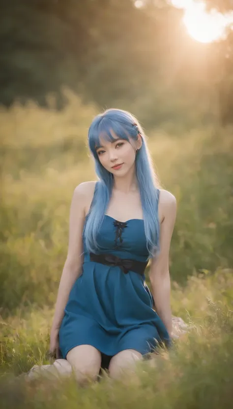 {{on a grassy field}}, On a hill, 1girll, Long hair, Blue hair, Drill hair, Blunt bangs, Hair ribbon, Light smile, hair ear, tsurime, Red eyes, eye shadows, Small breasts, white dresses, Bare_bshoulders, Black pantyhose, Boots, Looking up, hand_To_Mouth, d...