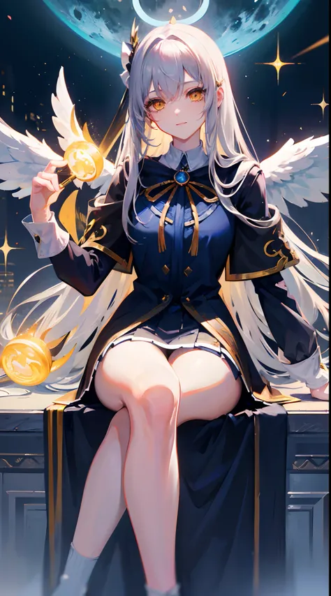 Full body, silver-haired young girl, yellow eyes, angelic body, and face, high school uniform dress with a mini skirt, wield a katana, wears a cloak and hairpin, sitting at throne of guardian, crimson wings, blue moon and high rise building background scen...