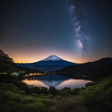 Master Parts、Superior Quality、superior image quality、The 8k quality、、Beautiful pictures of the starry sky、magnifica、Arched Milky Way:1.9、Mt fuji、lake、Valley