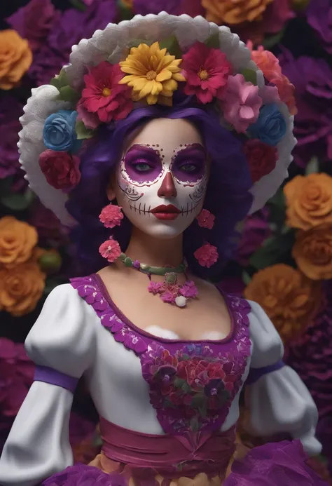 3d model of a girl with a sugar skull head, in the style of inventive character designs, close-up intensity, animated gifs, made of flowers, mexican muralism, playstation 5 screenshot, dark violet and white --ar 69:128 --s 750 --v 5.2