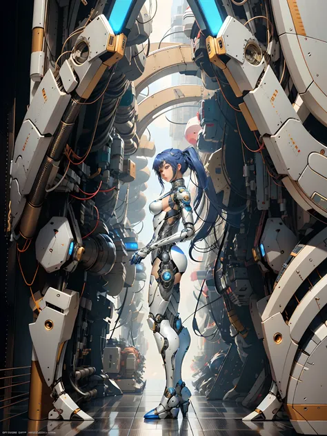 Close-up of a man wearing a blue and white design tights, gynoid cyborg body, female mecha, perfect anime cyborg woman, Biomechanical OPPAI, cyborg tech on body and legs, girl in mecha cyber armor, mech body, Beautiful white girl cyborg, Mecha suit, Beauti...