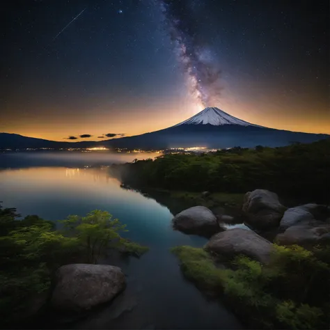 Master Parts、Superior Quality、superior image quality、The 8k quality、、Beautiful pictures of the starry sky、magnifica、Arched Milky Way:1.9、Mt fuji、lake、Valley