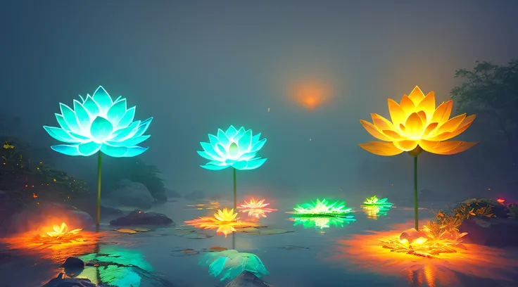 big lotus in light {color} fire, lighting, light effect, cg, blizzard style art trends, luminous fog luminous, volume light volumetric light