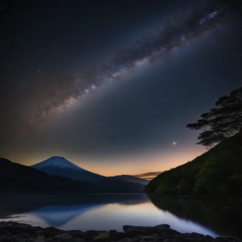 Master Parts、Superior Quality、superior image quality、The 8k quality、、Beautiful pictures of the starry sky、magnifica、Arched Milky Way:1.9、The Milky Way lying above Mt. Fuji:1.9、lake、Valley