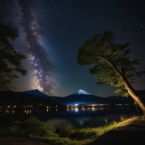 Master Parts、Superior Quality、superior image quality、The 8k quality、、Beautiful pictures of the starry sky、magnifica、Arched Milky Way:1.9、The Milky Way lying above Mt. Fuji:1.9、lake、Valley