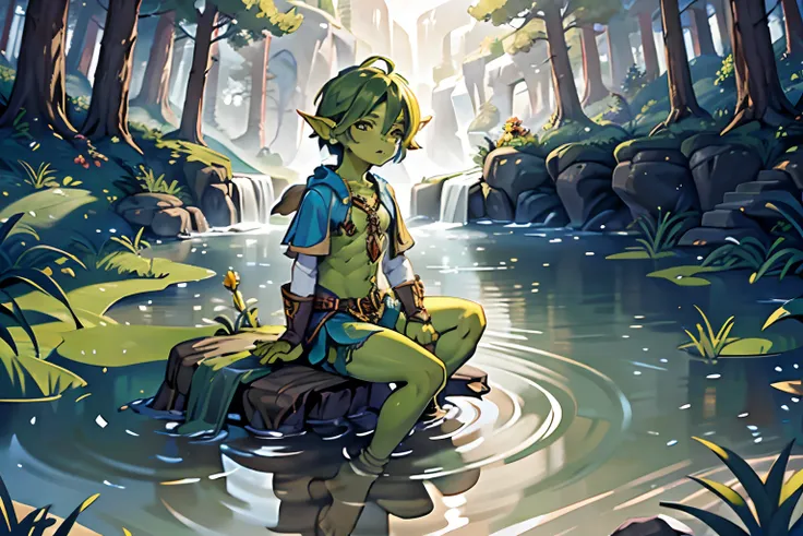 a male goblin orc fairy sits besides of a pond in a blue shemed colored forest