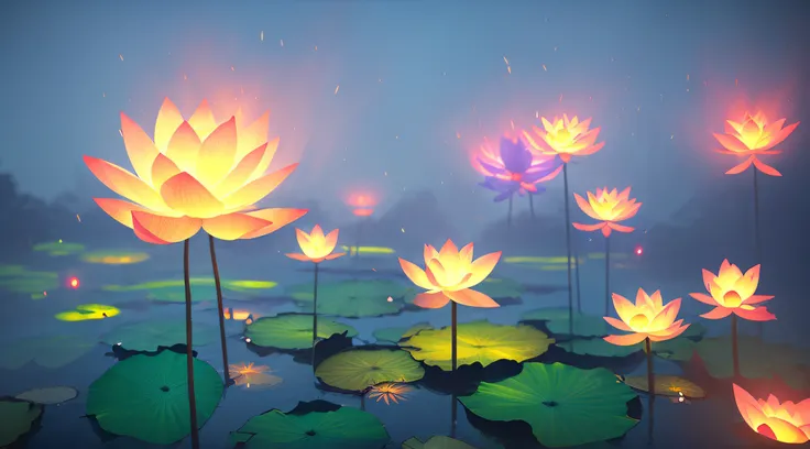 big lotus in light {color} fire, lighting, light effect, cg, blizzard style art trends, luminous fog luminous, volume light volumetric light