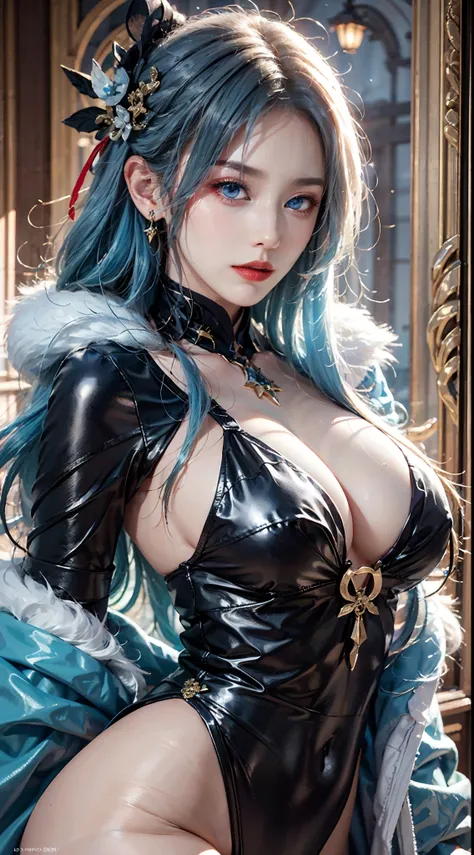 photography awards, masterpiece, blue hair, blue eyes, photorealistic, high resolution, soft light, signora (genshin impact) , large breasts, long hair, mature female, one eye covered, jewelry, mask, black gloves, elbow gloves, fur trim, dress, coat