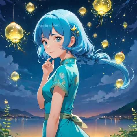 (Best quality,8K resolution,Masterpiece:1.2),A blue-haired woman in a turquoise cheongsam dress, voluptuous figure, surrounded by fireflies, Set against the starry night sky and lakeside, Sharp lines, Enhanced detail, Detailed facial features, Front view