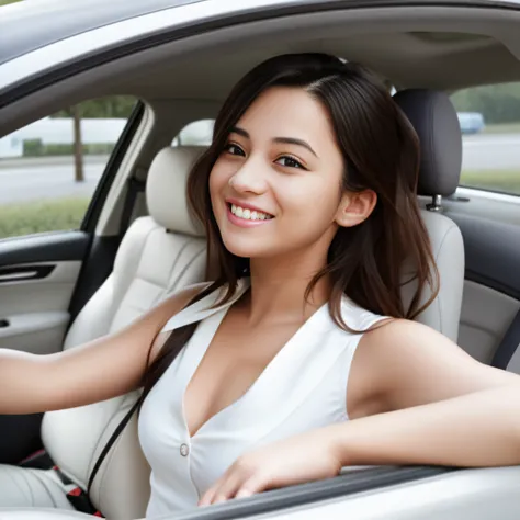 driving car, she expressing joy, forward facing, Smiling, With a happy expression, photo shot, Driving,  easy go,Delicate face，Foreign beauty