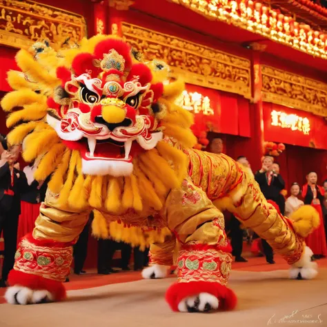 Traditional Chinese lion dance,Traditional handmade lions head,Gorgeous gold accents and intricate design,Joyful celebration,Red and gold color scheme,Elegant and smooth lion dance movements,Majestic lion jumping jump,Amazing choreography,Authentic cultura...