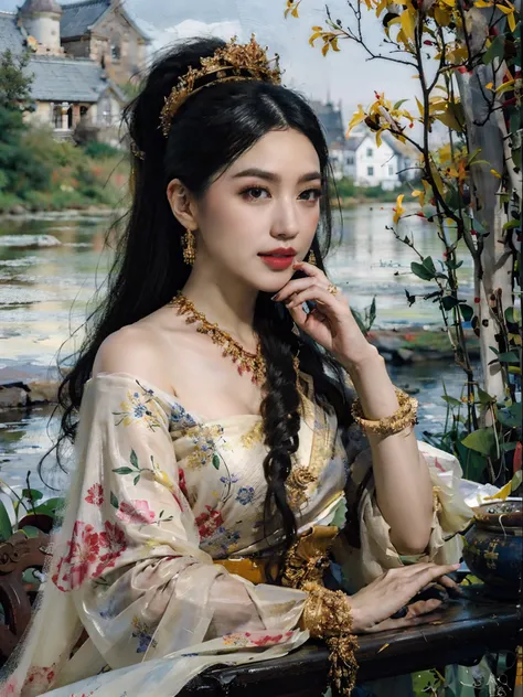 Best qualtiy，master-piece，（oil painting：1.5），Woman with long black hair，exquisite facial features，Gear Head，Sit in front of a Chinese landscape painting，Thai costume，（Amy Saul：0.248），（Stanley Ategg Liu：0.106），（Detailed drawings：0.353），（Renaissance classica...