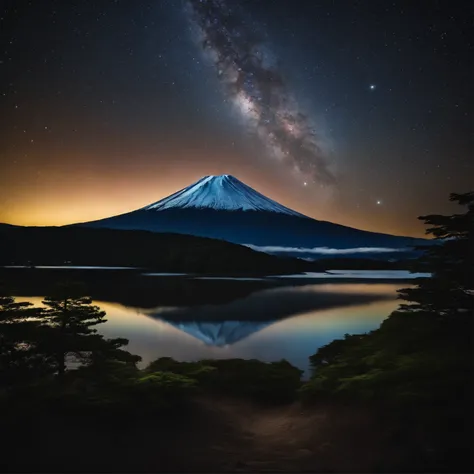 Master Parts、Superior Quality、superior image quality、The 8k quality、、Beautiful pictures of the starry sky、magnifica、Arched Milky Way:1.9、The Milky Way lying above Mt. Fuji:1.9、lake、Valley