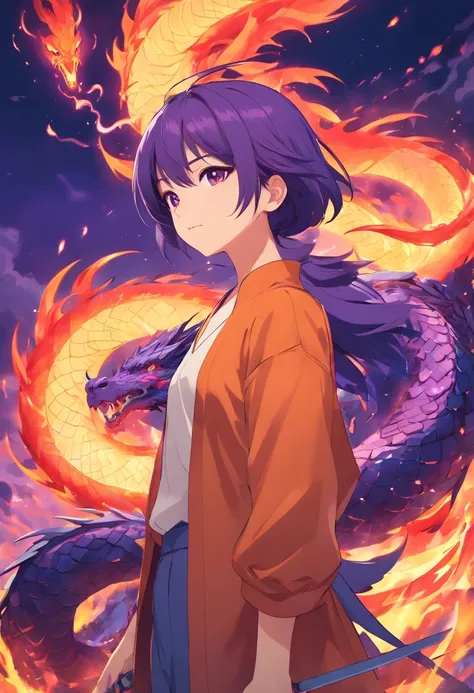 Xianxia，Purple fire dragon,volcanic background,Take a shiny fork,Liao An has scars,Whole body diagram，k hd，