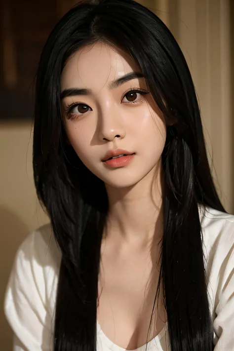 Asian woman, round eyes, thick eyebrows, long thick black hair