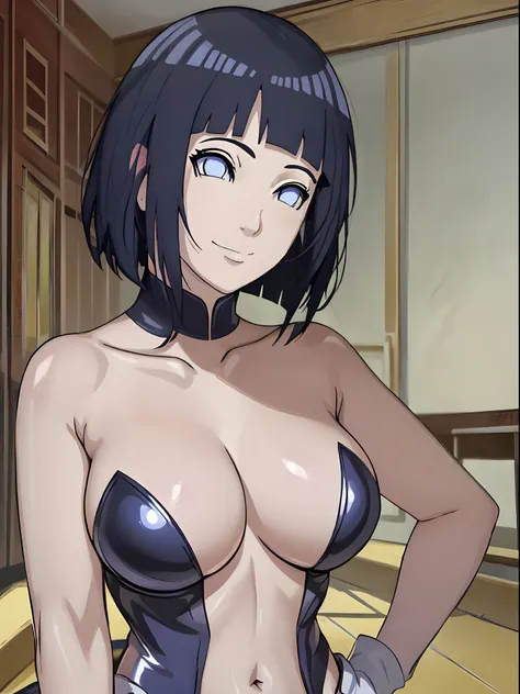 (ultra detailed body, ultra detailed face), ((solo, 1 girl)), anime style, hires, ((wrestling stage, (children watching))), (hinata(boruto), (female wrestler), (slender body, broad shoulders), mature woman, milf, (black strapless leotard, ultra detailed pr...