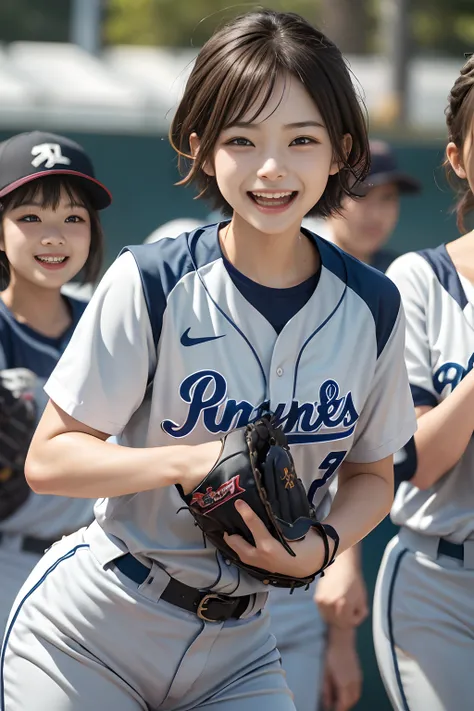 8K,Softball players、A Japanese Lady、Japan Team、Smile full of happiness、((Looks happy:1.3))、Panting face、Lacking、Sweating、Expression in a state of excitement、short-hair、eye glass、8K,Softball players、A Japanese Lady、Japan Team