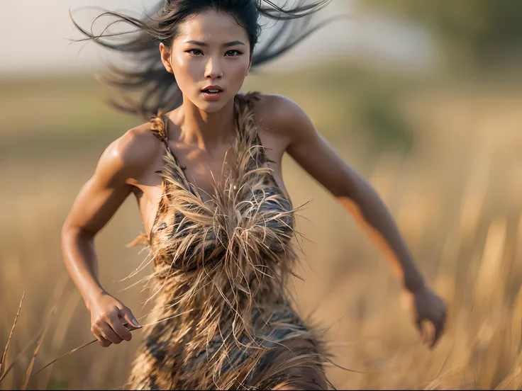 Sexy primitive woman in animal skin runs across the green prairie，Dynamic，dynamic blur，8K high-definition，True skin texture，the detail，Morning，blue-sky，baiyun