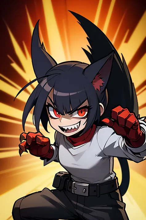 (masterpiece), best quality, expressive eyes, perfect face
spiky blone hair, sharp fangs, savage grin, strange outfit, explo,sion ,fight stance, knife claws
red eyes, cat pupils, hungry, growl, claws,flame background, Anti-hero,feral beast