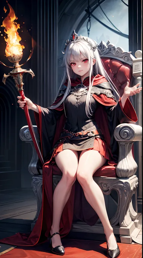 Full-body, silver-haired young girl, red eyes, maiden body and face, black robe with a mini skirt, wield a dark sword, wears a cloak and dark crown, sitting at the throne of darkness, black wings, blood moon and red light background scene, the magic circle...