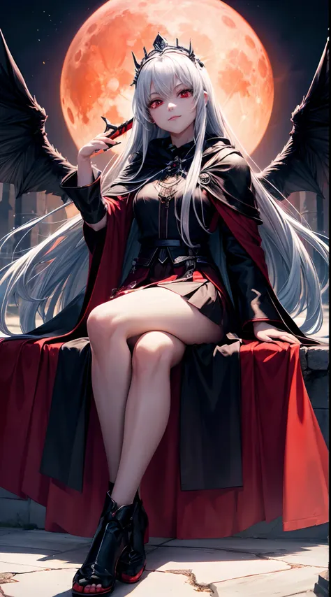 Full-body, silver-haired young girl, red eyes, maiden body and face, black robe with a mini skirt, wield a dark sword, wears a cloak and dark crown, sitting at the throne of darkness, black wings, blood moon and red light background scene, the magic circle...