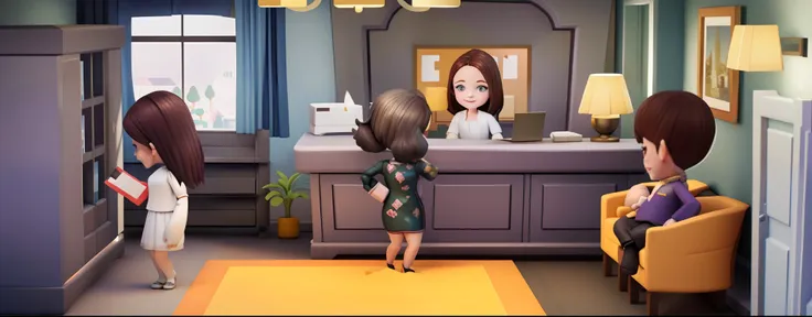 delicated face，The expression is beautiful and cute，3D Pixar animation style，tmasterpiece， best qualityer, ultra - detailed, Lori blonde girl, Long dress with a big smile, full bodyesbian,  moderno, Modern accessories, ，Office scene，Overtime，inside in room...