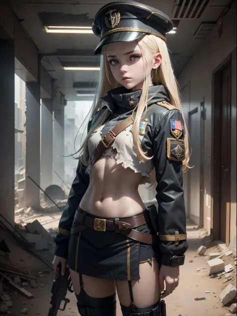 Destroyed towns,3 Ukrainian girls , Ukrainian anime girls , , Ukraine ,  Full body composition of young girl with messy bright blonde hair, eye make up, 13 year old,  Soft lighting, Solo, Old torn dirty shabby futuristic military uniform, badges, Pose, Blo...