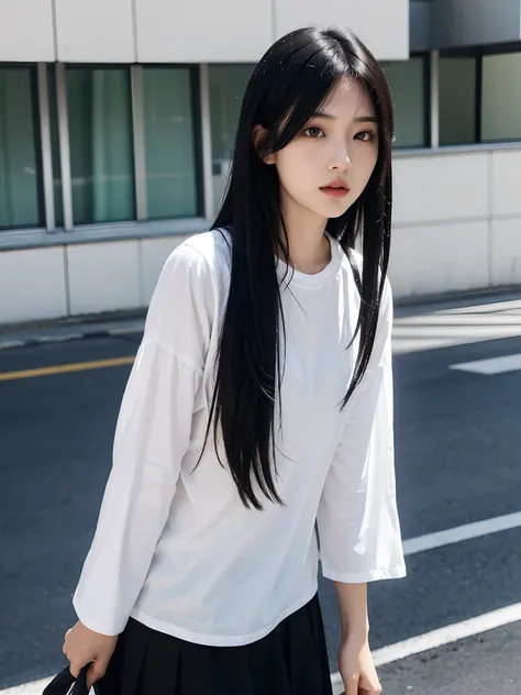 arafed woman with long black hair and a white shirt, sui ishida with black hair, chiho, ayaka, kimi takemura, shiori teshirogi, chiho ashima, yukii morita, 奈良美智, shikamimi, girl cute-fine-face