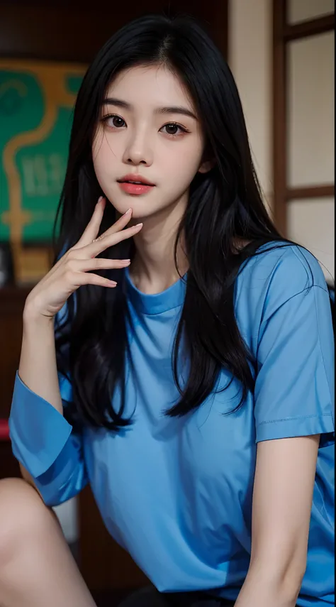 arafed asian woman with long black hair and a blue shirt, korean girl, wan adorable korean face, ruan cute vtuber, jaeyeon nam, young cute wan asian face, 1 9 years old, heonhwa choe, young adorable korean face, ulzzang, xintong chen, 18 years old, 2 0 yea...