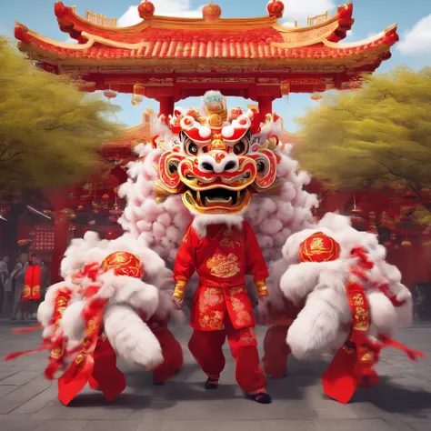 (Best quality,4K,8K,highr,Master parts:1.2),ultra - detailed,(Realistic,Fotorrealista,photo-realistic:1.37)(Solo:1.4)(lion dance:1.4)one-girl，Holding a huge lions head，Children，adolable，big laughter，Red lanterns，Chinese Year，Chinese clothes， China-style，re...