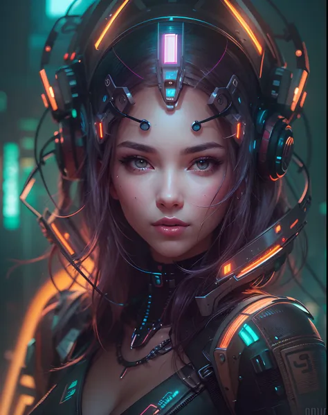 there is a woman with a glowing headpiece and a glowing face, wlop. scifi, beautiful digital artwork, beautiful cyberpunk girl face, dreamy cyberpunk girl, futuristic art style, advanced digital cyberpunk art, cyborg - girl, intricate wlop, cyberpunk robot...