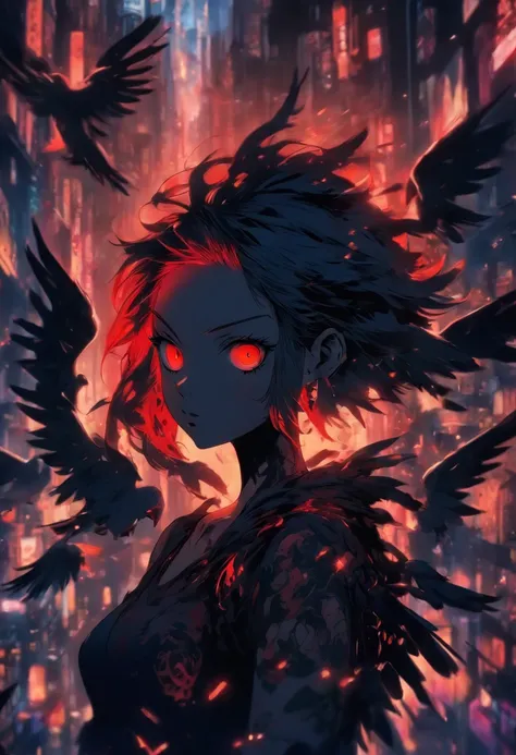 A girl with wings and red tattoos, Dark black and light black style, Anime art, 32k ULTRAHD, Gothic grotesque characters, multilayered dimensions, Hester core, Pigeons can