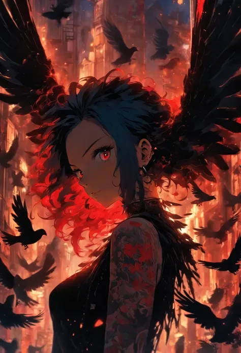 A girl with wings and red tattoos, Dark black and light black style, Anime art, 32k ULTRAHD, Gothic grotesque characters, multilayered dimensions, Hester core, Pigeons can