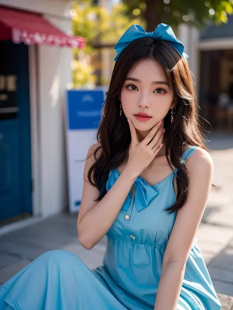 arafed woman with a blue bow and a blue dress, portrait of jossi of blackpink, captured on canon eos r 6, shot on nikon z9, shot on canon eos r 5, shot on canon eos r5, taken with canon eos 5 d mark iv, very pretty face, anime thai girl, soft portrait shot...