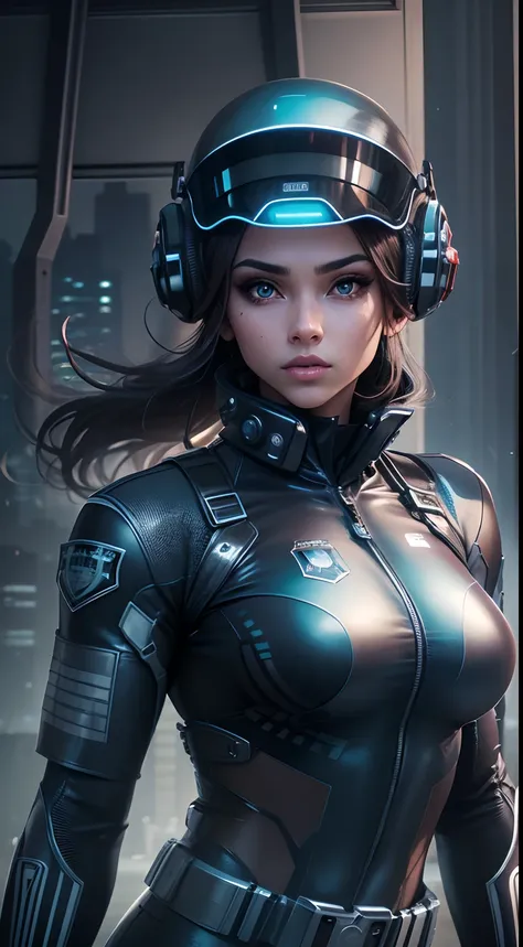 Highest image quality，excellent details，超A high resolution，Swat，Police of the future，Model Figure，dynamicposes，Big eyes，She wears a futuristic Latex uniform，She was standing in front of a police car，Robust body，Sexy and durable，Detailed abs，Detailed muscle...