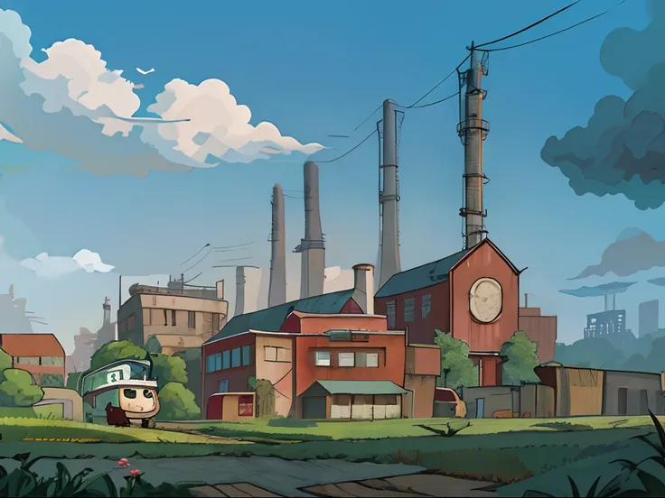 Dilapidated factories，in style of ghibli，Cartoon anime，Hook line art style，less saturated