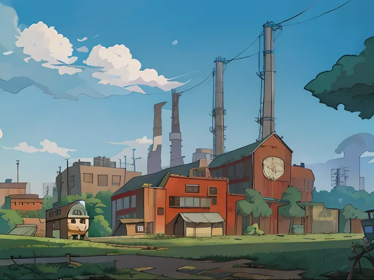 Dilapidated factories，in style of ghibli，Cartoon anime，Hook line art style，less saturated